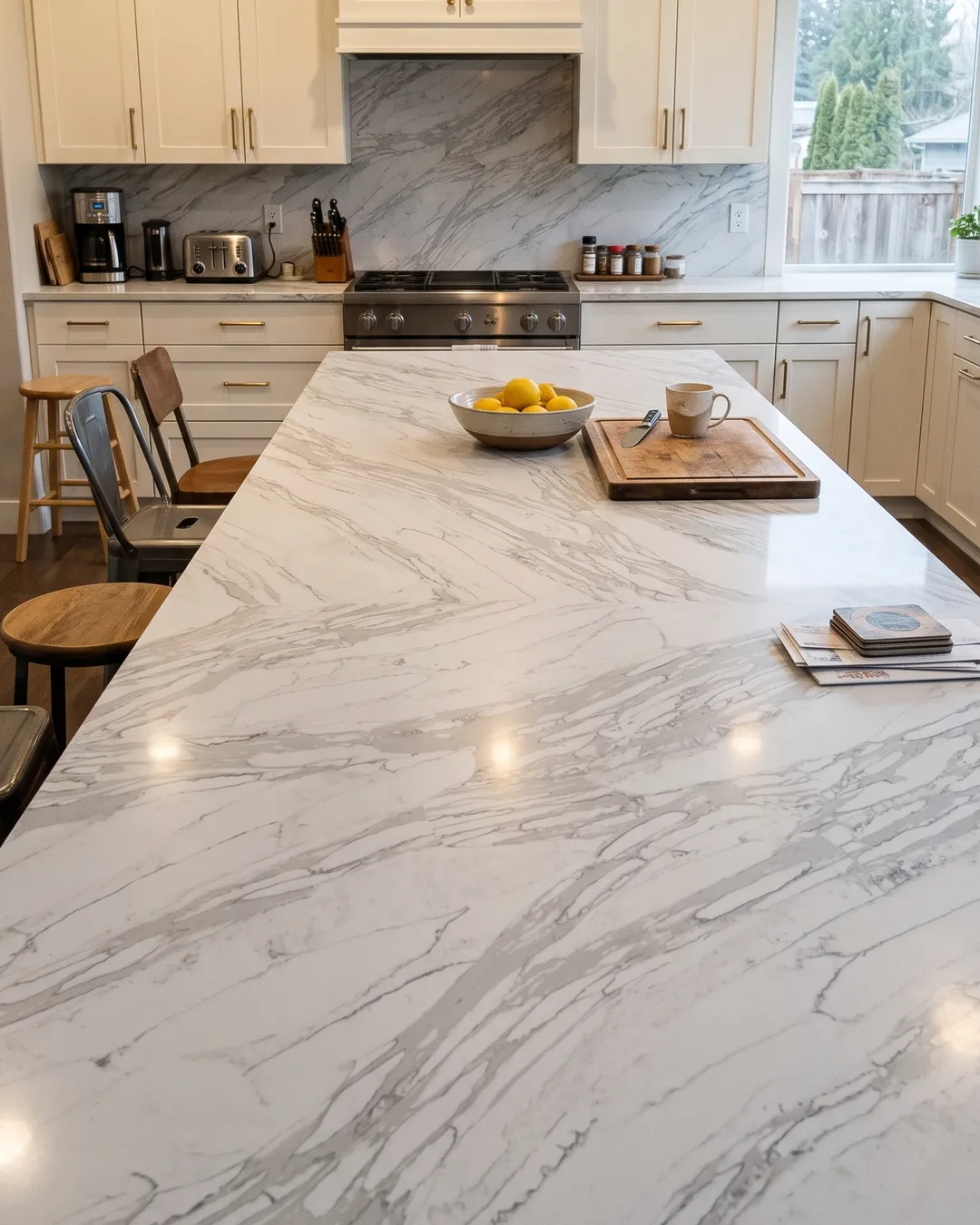 Illustration: Arabescato Grey quartz on a kitchen island